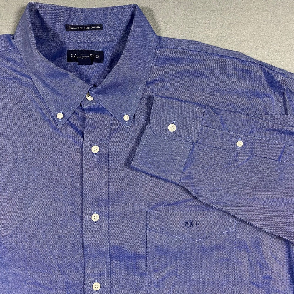 Lands' End Dress Shirt Mens 18-37 Blue Supima No Iron Oxford Traditional Tall